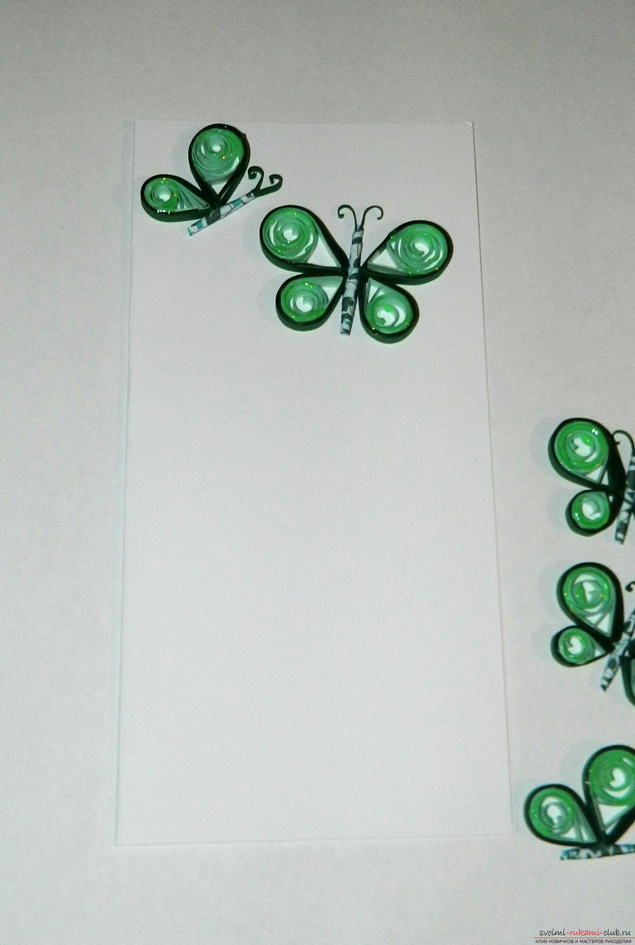 Мастер-класс простой открытки в технике квиллинг, делаем бабочку из бумаги своими руками.. Фото №19